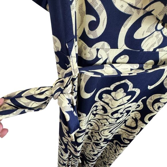 Navy Blue Cream Scoop Neck Ruffled Neckline Belted Stretchy Maxi Dress Size L - Picture 3 of 4